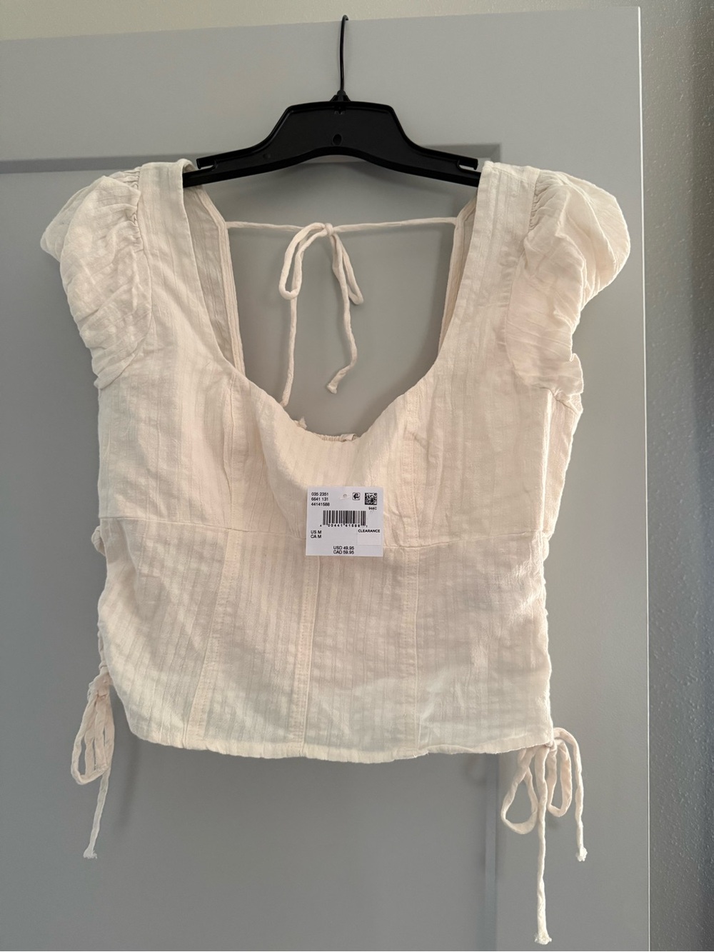 American Eagle Outfitters Cream Puff-Sleeve Tie-Back Crop Top